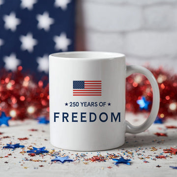 250 Years of Freedom Mug, Minimalist American Flag Coffee Cup for USA Anniversary, Patriotic Fourth of July Gift