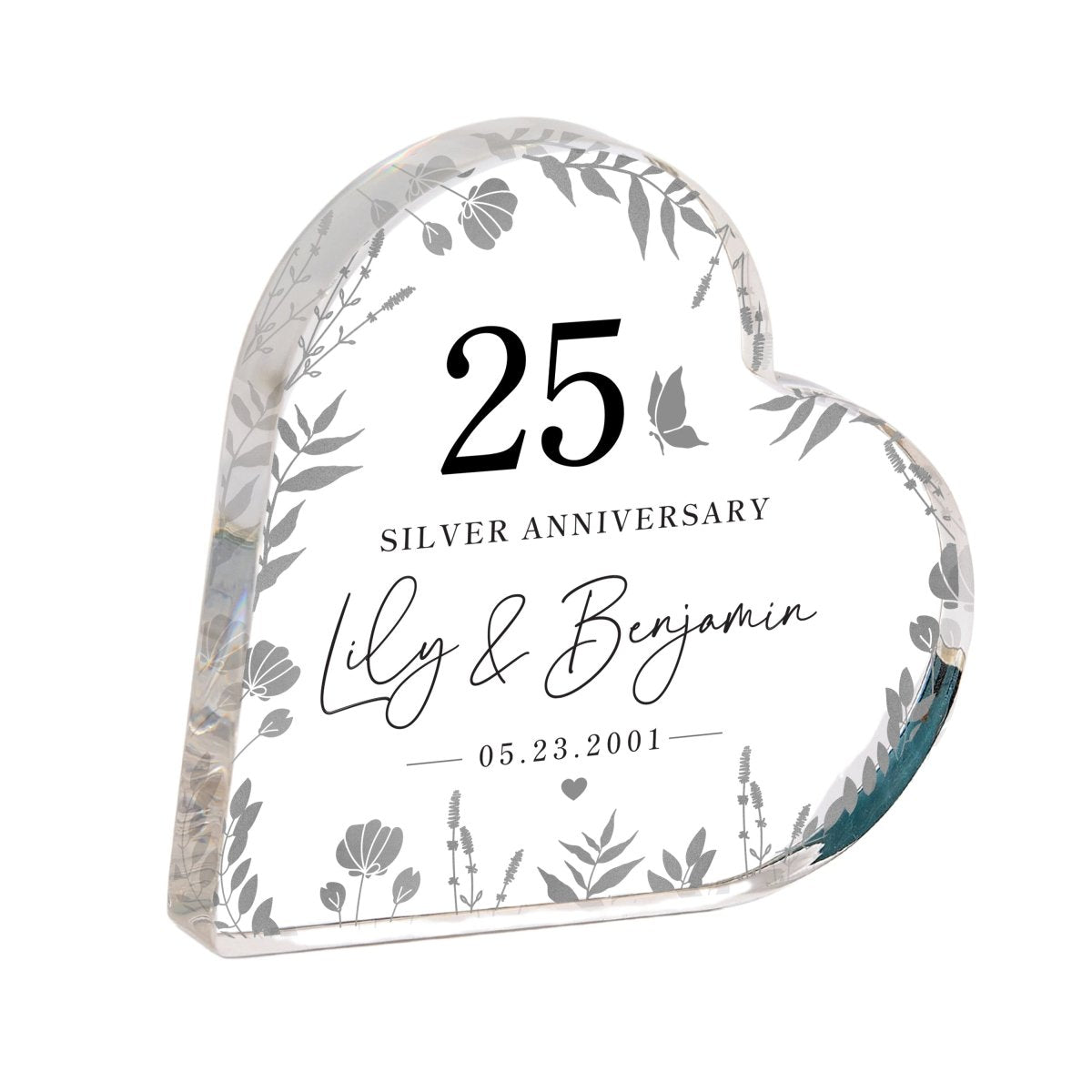 25th Silver Anniversary Keepsake Gift, Personalized Floral Heart with Names and Date, Acrylic Plaque