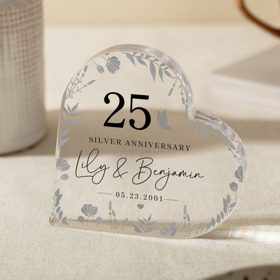25th Silver Anniversary Keepsake Gift, Personalized Floral Heart with Names and Date, Acrylic Plaque