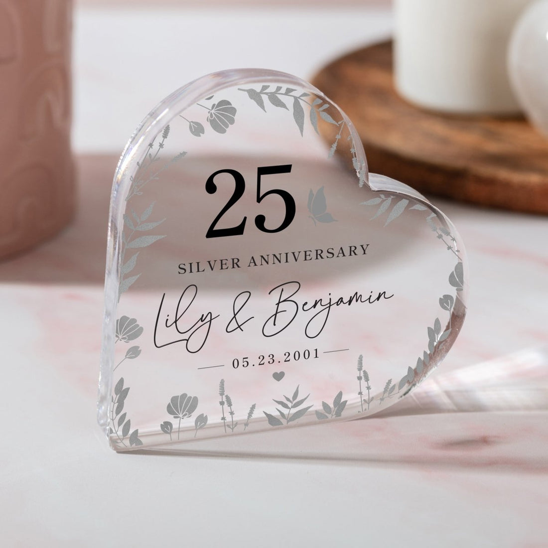 25th Silver Anniversary Keepsake Gift, Personalized Floral Heart with Names and Date, Acrylic Plaque