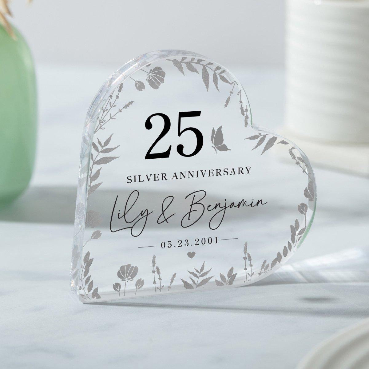 25th Silver Anniversary Keepsake Gift, Personalized Floral Heart with Names and Date, Acrylic Plaque