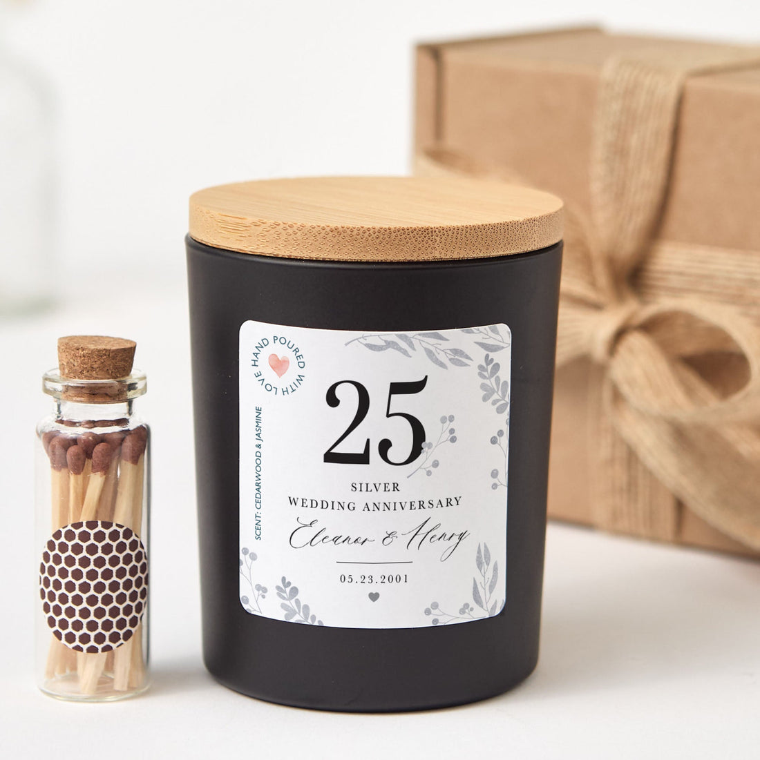 25th Silver Wedding Anniversary Candle | Custom Couple Gift with Gift Box & Matches |Personalized Silver Anniversary Keepsake Candle