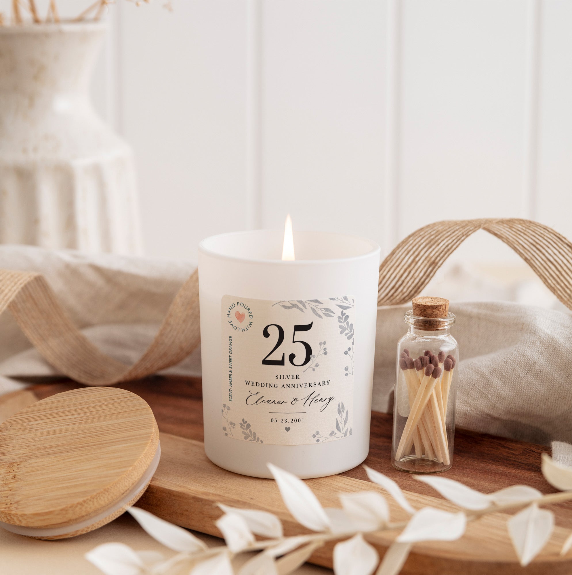 25th Silver Wedding Anniversary Candle | Custom Couple Gift with Gift Box & Matches |Personalized Silver Anniversary Keepsake Candle