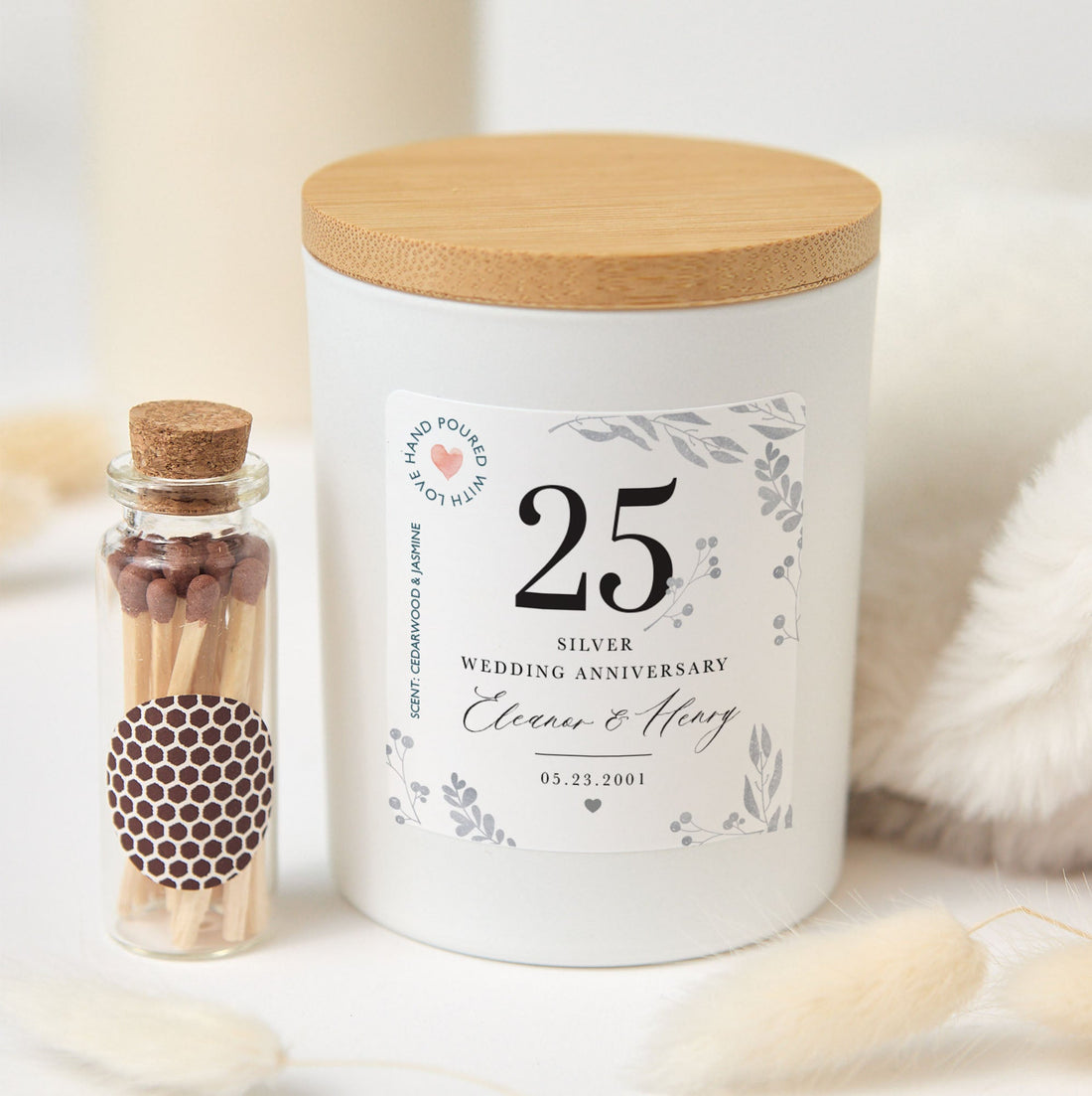 25th Silver Wedding Anniversary Candle | Custom Couple Gift with Gift Box & Matches |Personalized Silver Anniversary Keepsake Candle