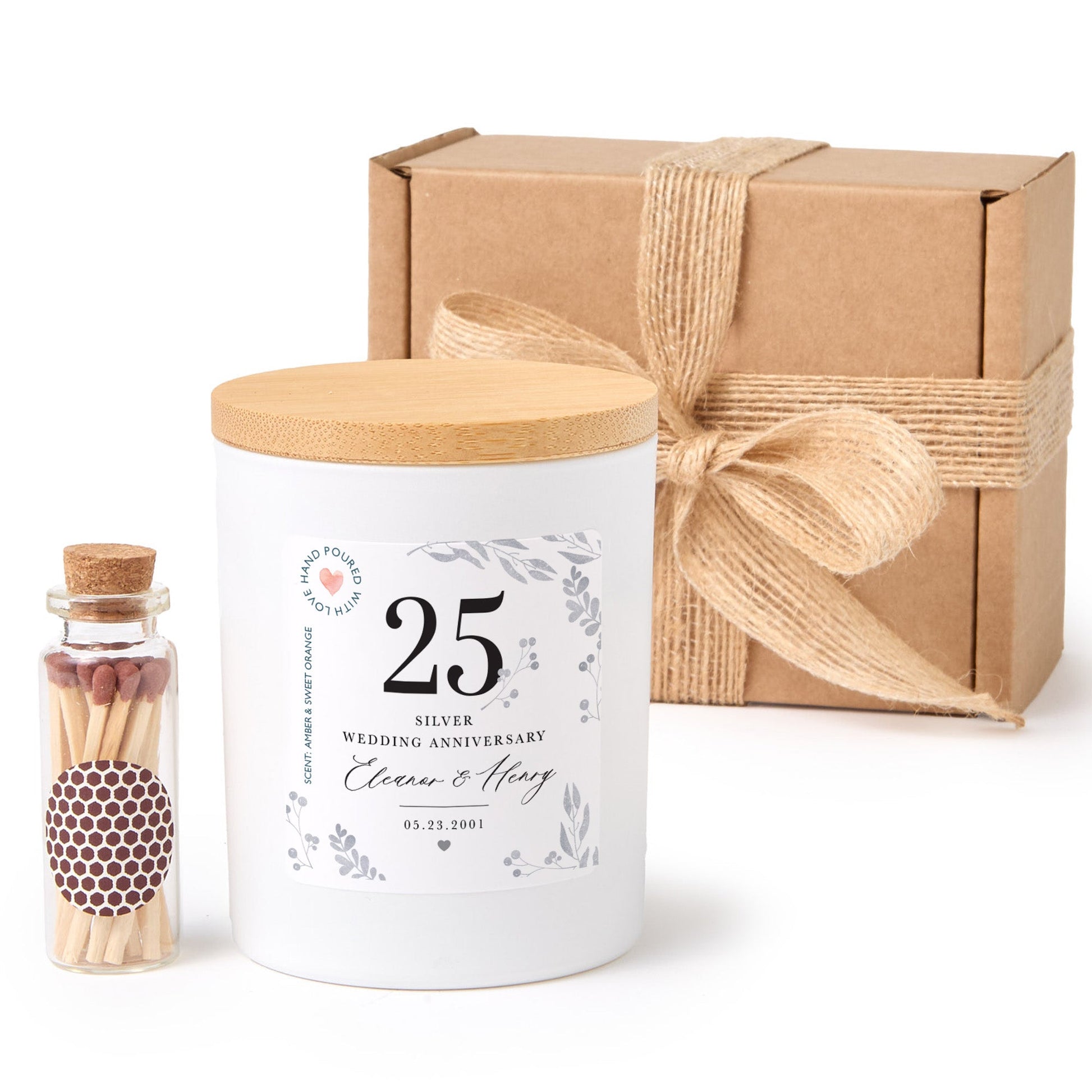 25th Silver Wedding Anniversary Candle | Custom Couple Gift with Gift Box & Matches |Personalized Silver Anniversary Keepsake Candle