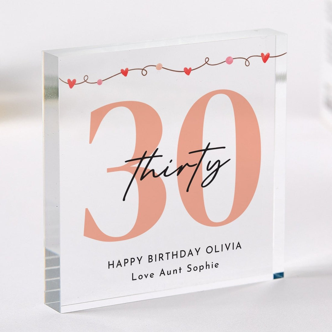 30th Birthday Plaque Gift for Her, Personalized Any Age Acrylic Keepsake, Peach Heart Decor for Best Friend