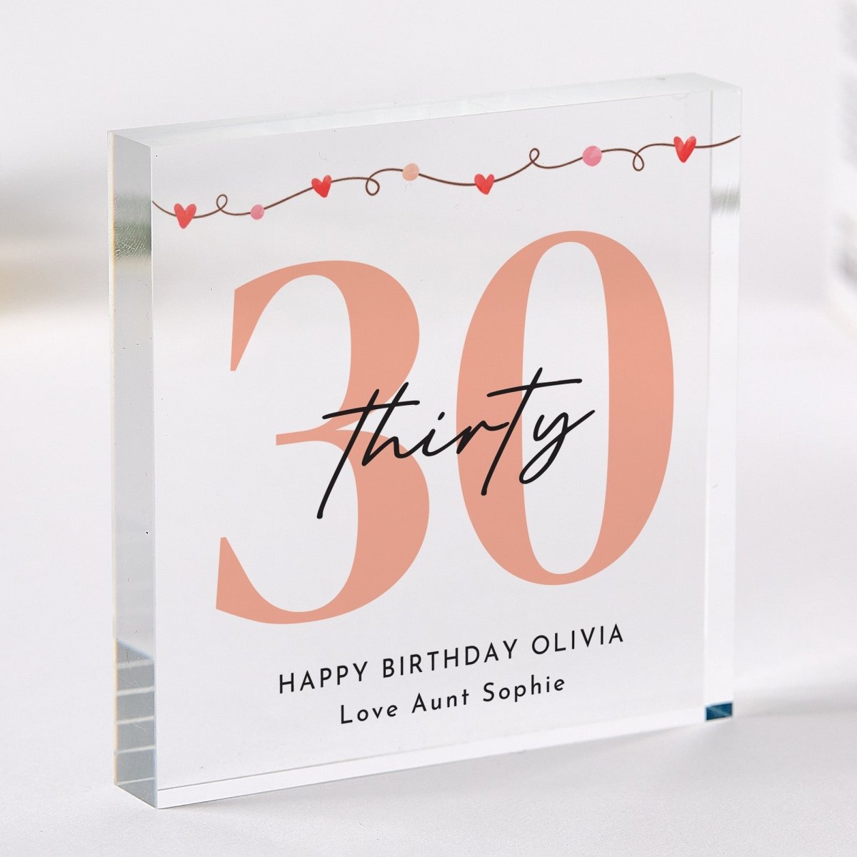 30th Birthday Plaque Gift for Her, Personalized Any Age Acrylic Keepsake, Peach Heart Decor for Best Friend