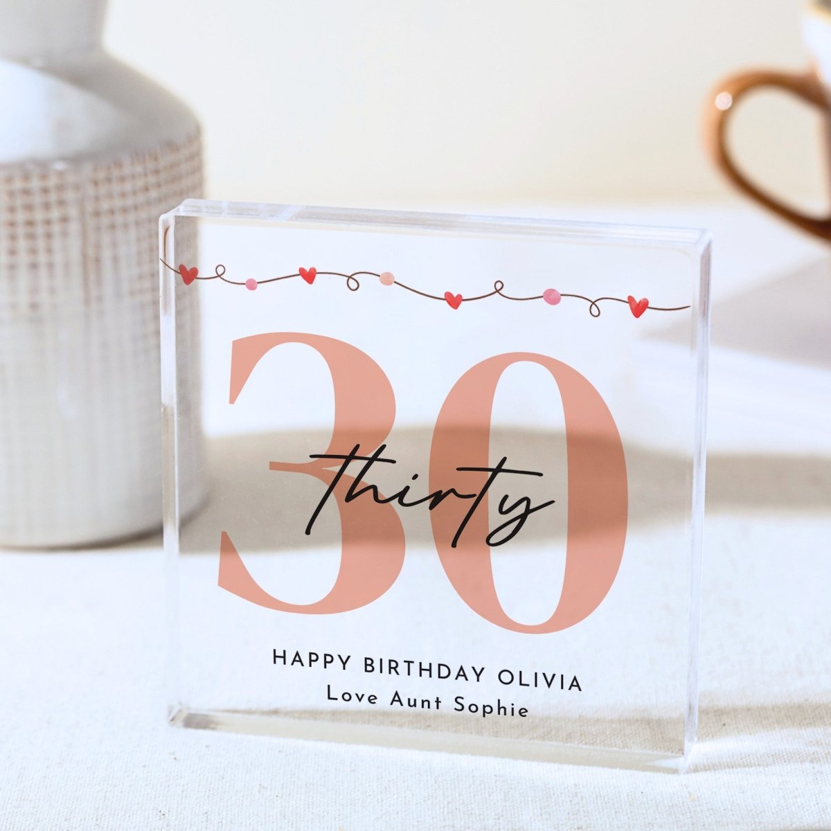 30th Birthday Plaque Gift for Her, Personalized Any Age Acrylic Keepsake, Peach Heart Decor for Best Friend