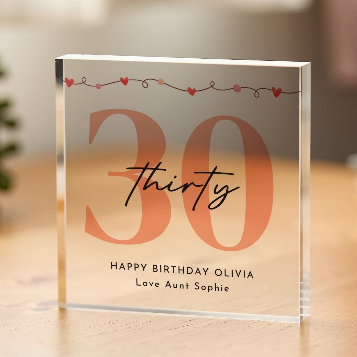 30th Birthday Plaque Gift for Her, Personalized Any Age Acrylic Keepsake, Peach Heart Decor for Best Friend
