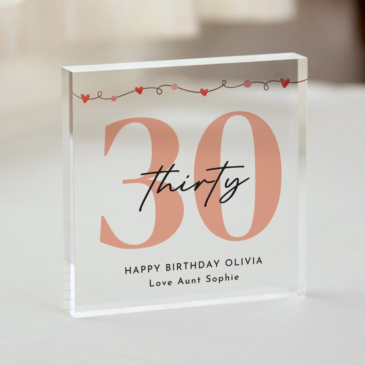 30th Birthday Plaque Gift for Her, Personalized Any Age Acrylic Keepsake, Peach Heart Decor for Best Friend