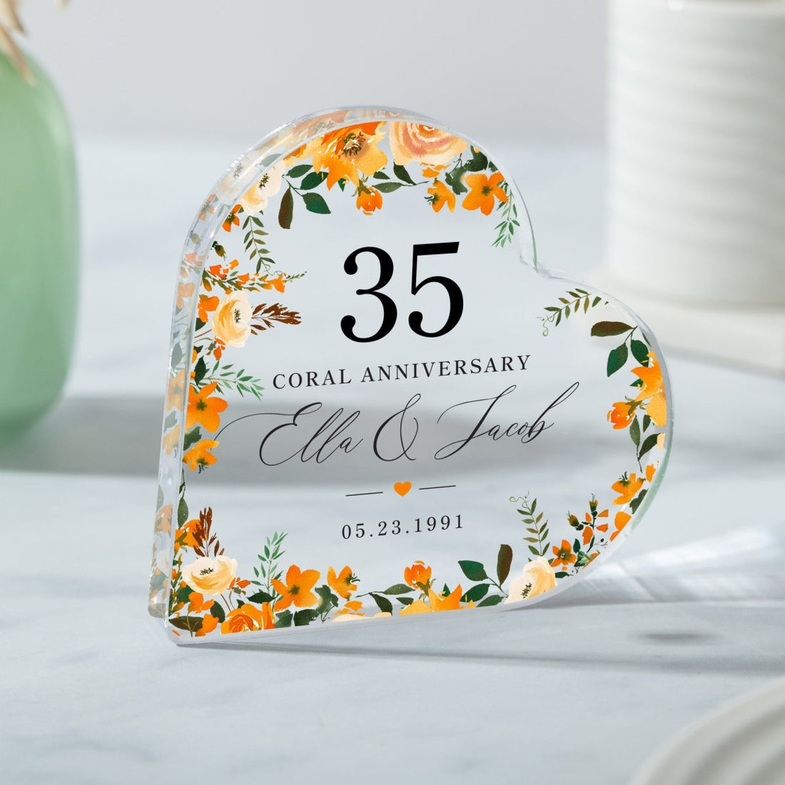 35th Coral Anniversary Keepsake Gift, Personalized Floral Heart with Names and Date, Acrylic Plaque