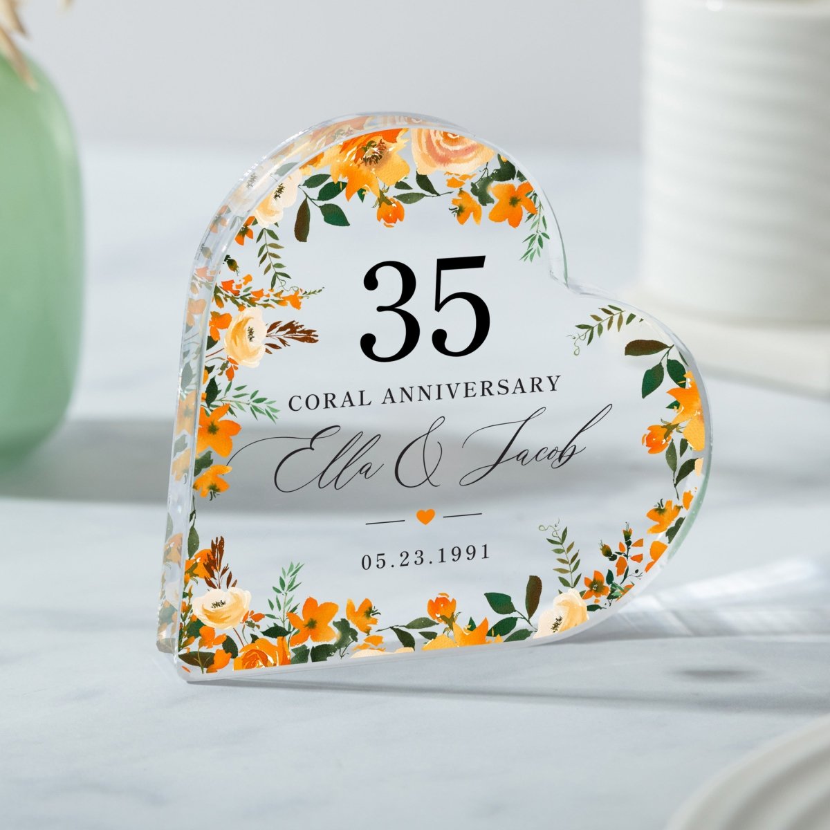 35th Coral Anniversary Keepsake Gift, Personalized Floral Heart with Names and Date, Acrylic Plaque