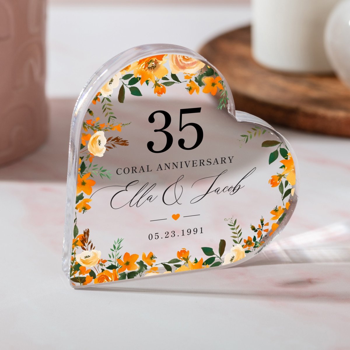 35th Coral Anniversary Keepsake Gift, Personalized Floral Heart with Names and Date, Acrylic Plaque