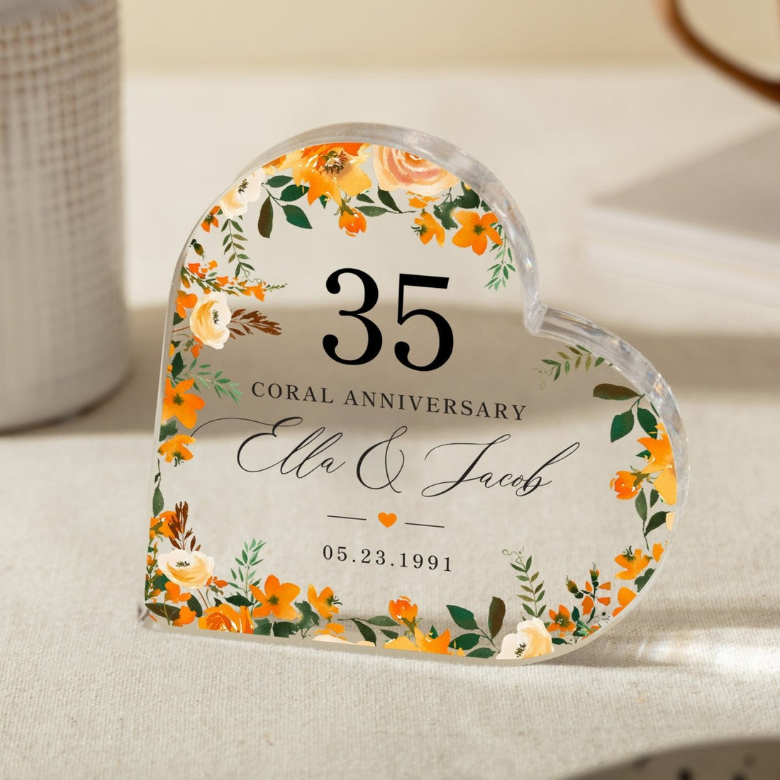 35th Coral Anniversary Keepsake Gift, Personalized Floral Heart with Names and Date, Acrylic Plaque