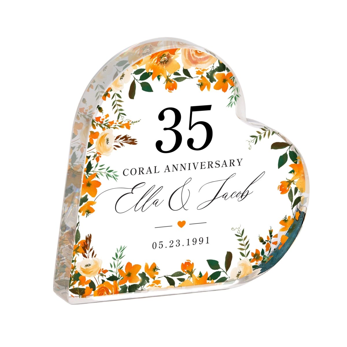 35th Coral Anniversary Keepsake Gift, Personalized Floral Heart with Names and Date, Acrylic Plaque