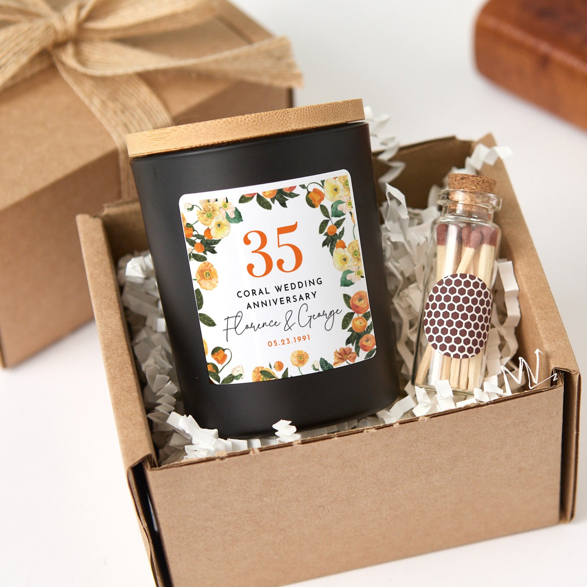35th Coral Wedding Anniversary Candle | Custom Couple Gift with Gift Box & Matches | Personalized Coral Anniversary Keepsake Candle