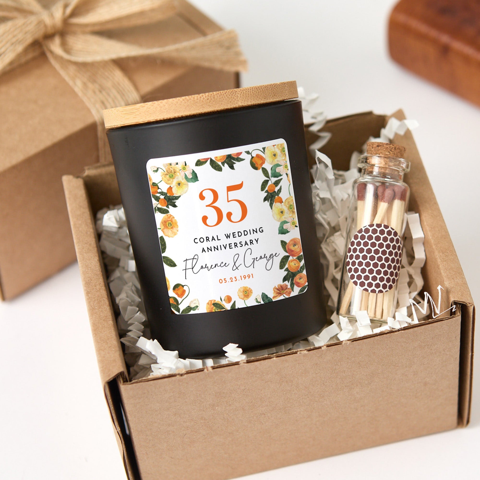 35th Coral Wedding Anniversary Candle | Custom Couple Gift with Gift Box & Matches | Personalized Coral Anniversary Keepsake Candle