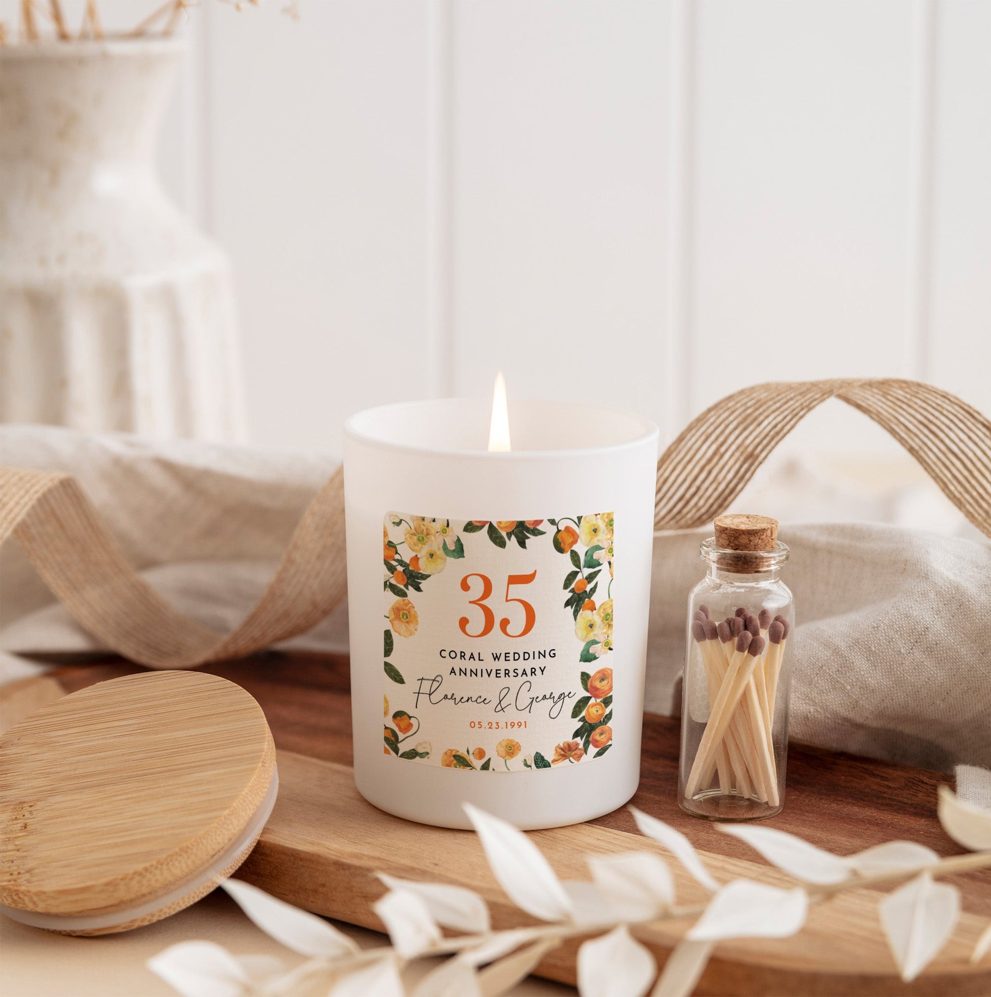 35th Coral Wedding Anniversary Candle | Custom Couple Gift with Gift Box & Matches | Personalized Coral Anniversary Keepsake Candle