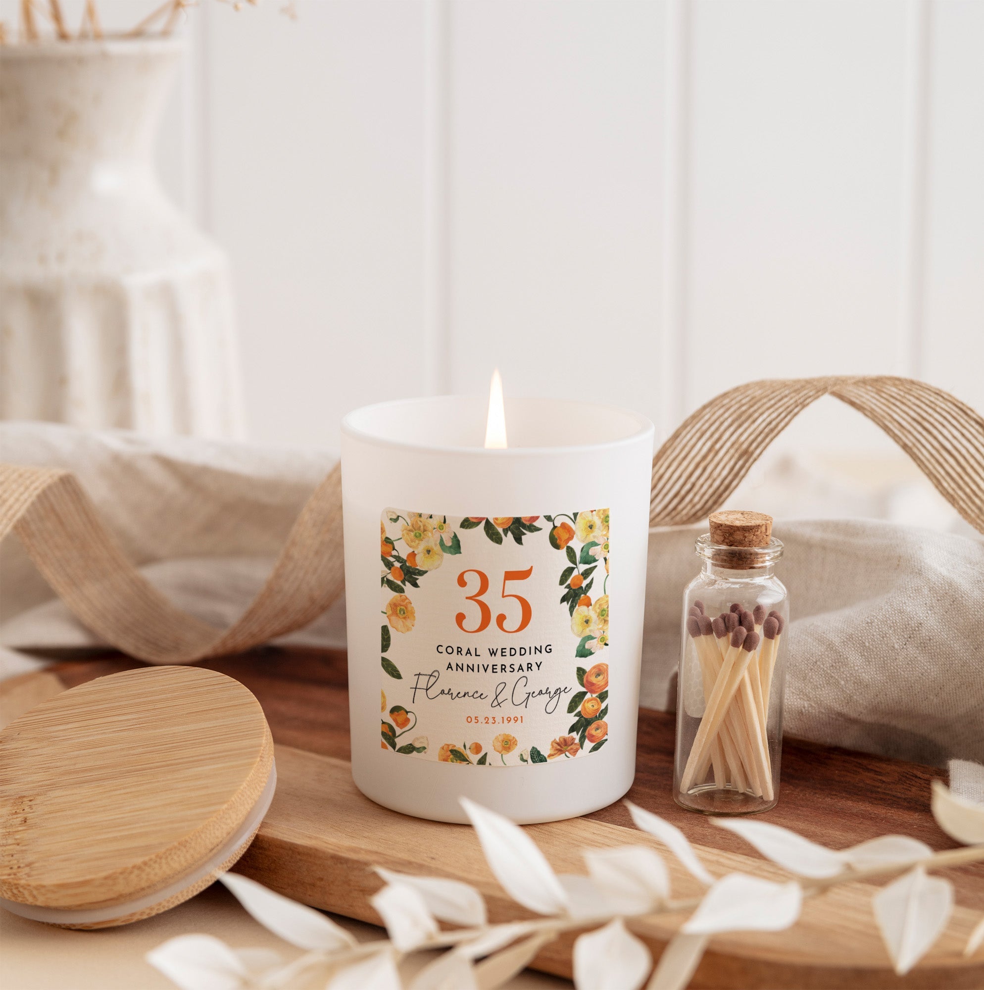 35th Coral Wedding Anniversary Candle | Custom Couple Gift with Gift Box & Matches | Personalized Coral Anniversary Keepsake Candle