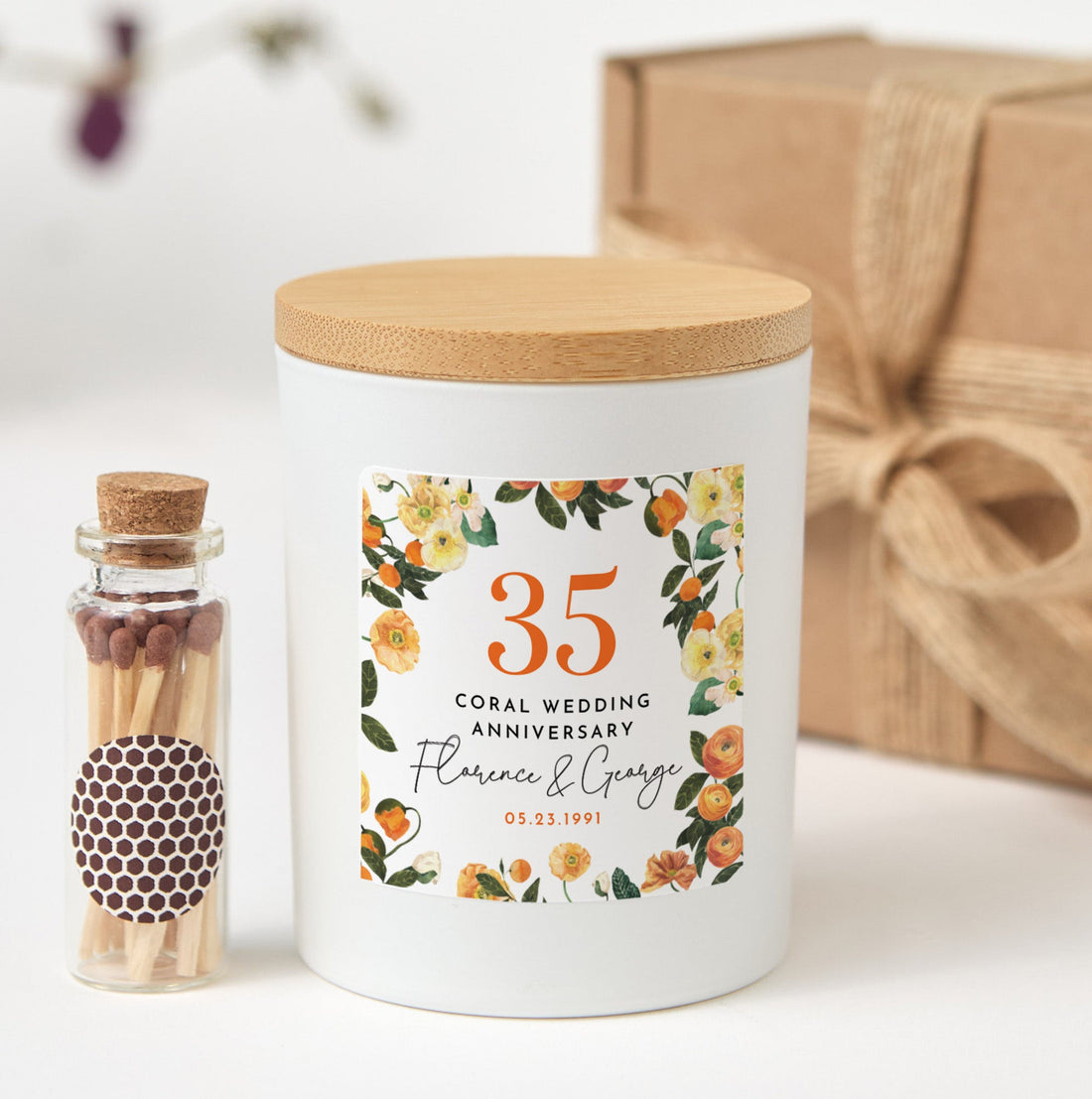35th Coral Wedding Anniversary Candle | Custom Couple Gift with Gift Box & Matches | Personalized Coral Anniversary Keepsake Candle