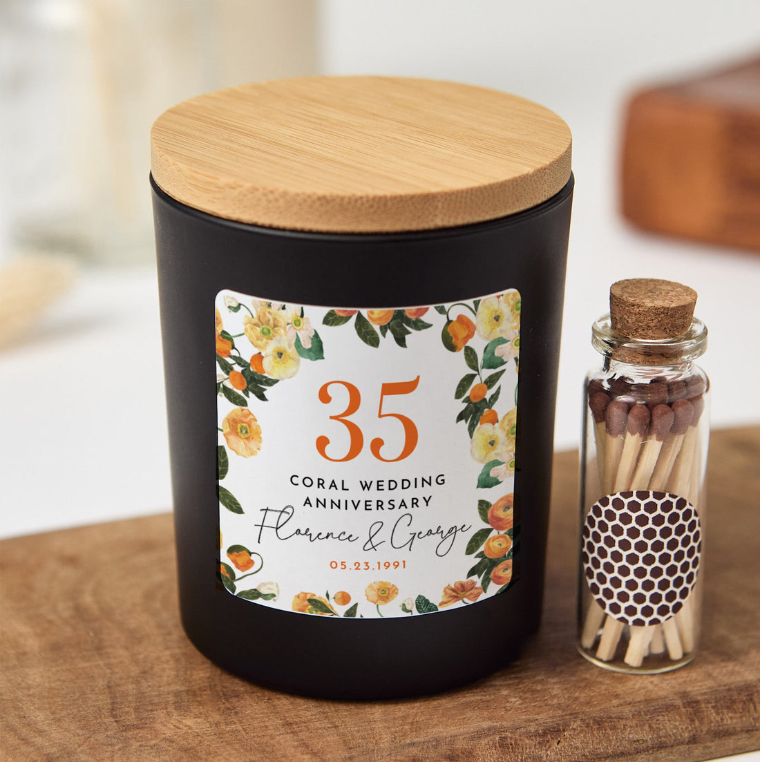 35th Coral Wedding Anniversary Candle | Custom Couple Gift with Gift Box & Matches | Personalized Coral Anniversary Keepsake Candle