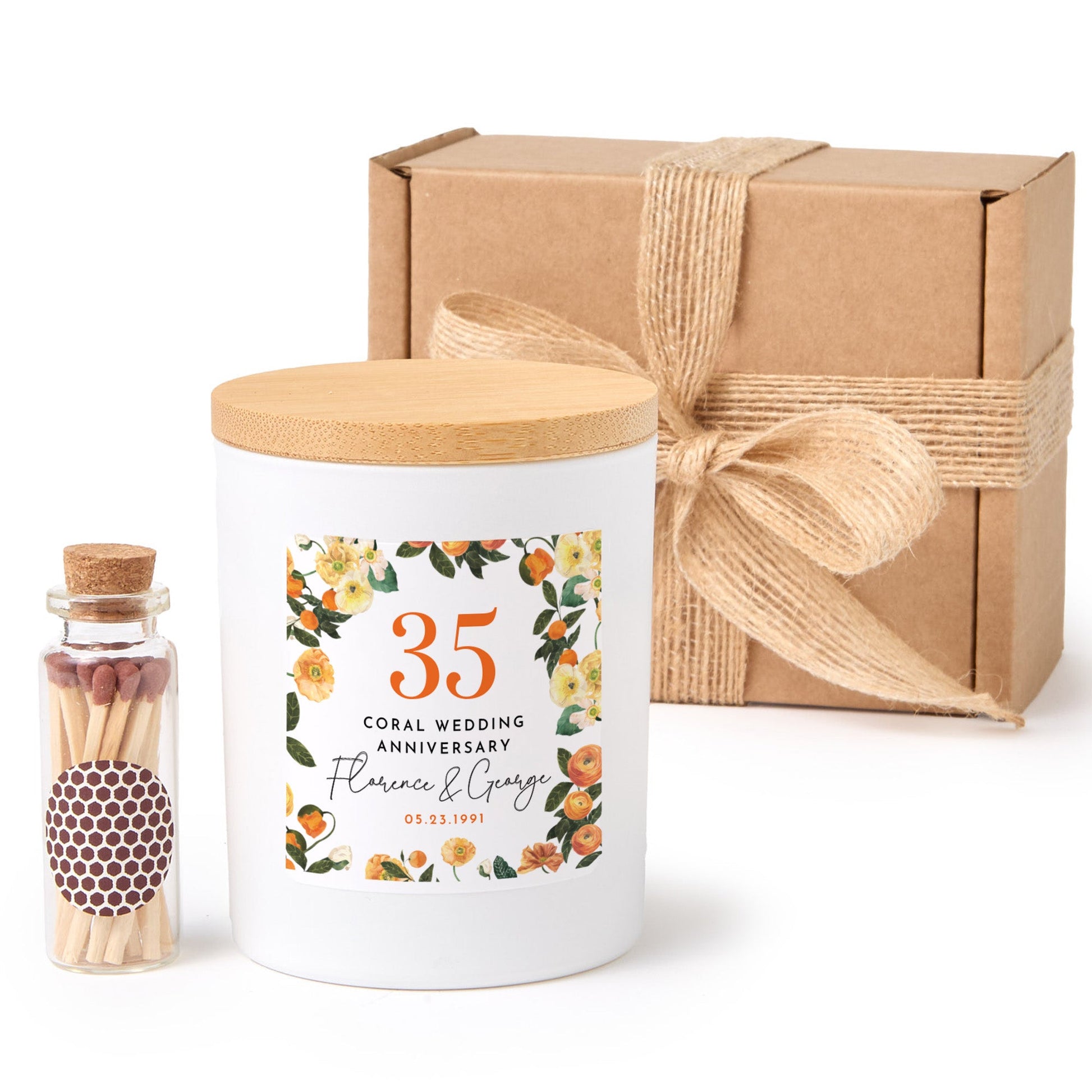35th Coral Wedding Anniversary Candle | Custom Couple Gift with Gift Box & Matches | Personalized Coral Anniversary Keepsake Candle