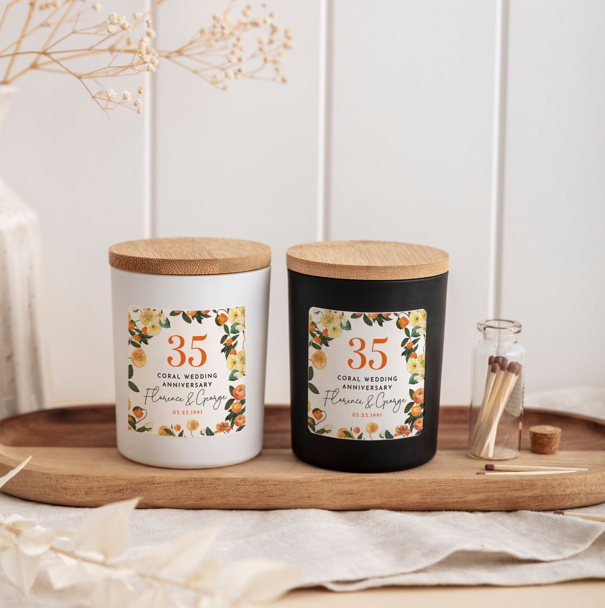 35th Coral Wedding Anniversary Candle | Custom Couple Gift with Gift Box & Matches | Personalized Coral Anniversary Keepsake Candle