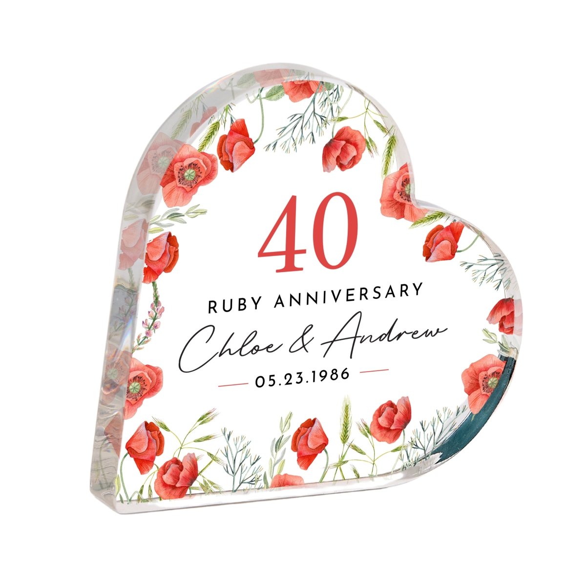 40th Ruby Anniversary Keepsake Gift, Personalized Floral Heart with Names and Date, Acrylic Plaque