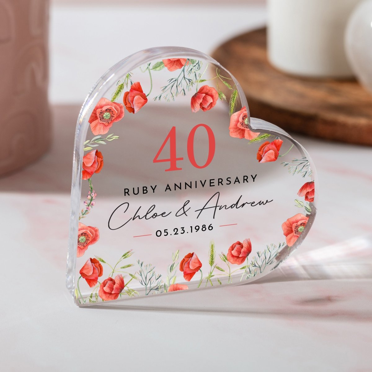 40th Ruby Anniversary Keepsake Gift, Personalized Floral Heart with Names and Date, Acrylic Plaque