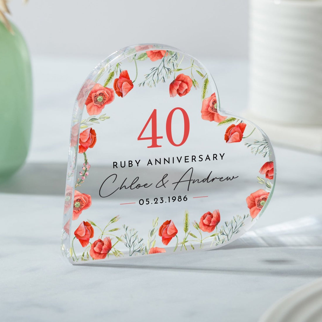 40th Ruby Anniversary Keepsake Gift, Personalized Floral Heart with Names and Date, Acrylic Plaque