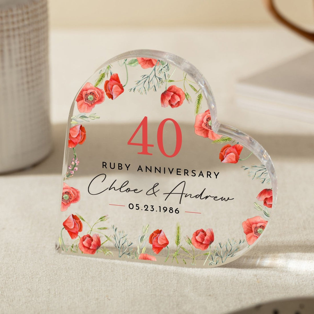 40th Ruby Anniversary Keepsake Gift, Personalized Floral Heart with Names and Date, Acrylic Plaque