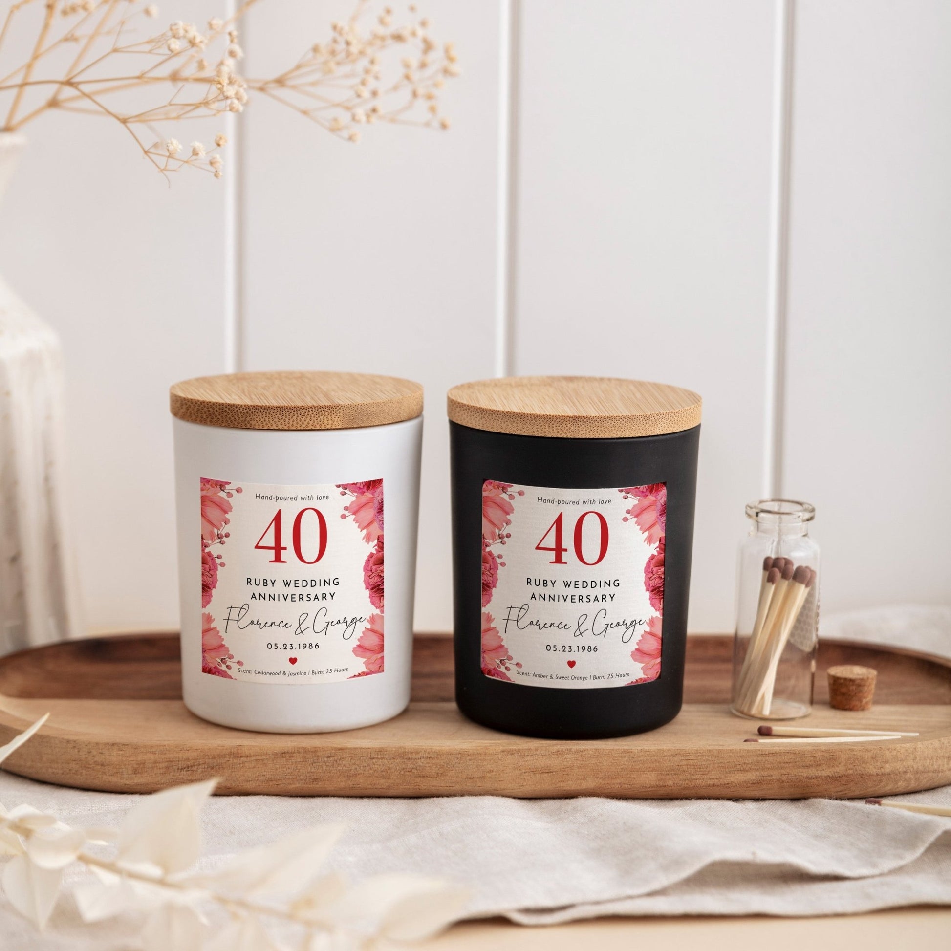 40th Ruby Wedding Anniversary Candle | Custom Couple Gift with Gift Box & Matches | Personalized Ruby Anniversary Keepsake Candle