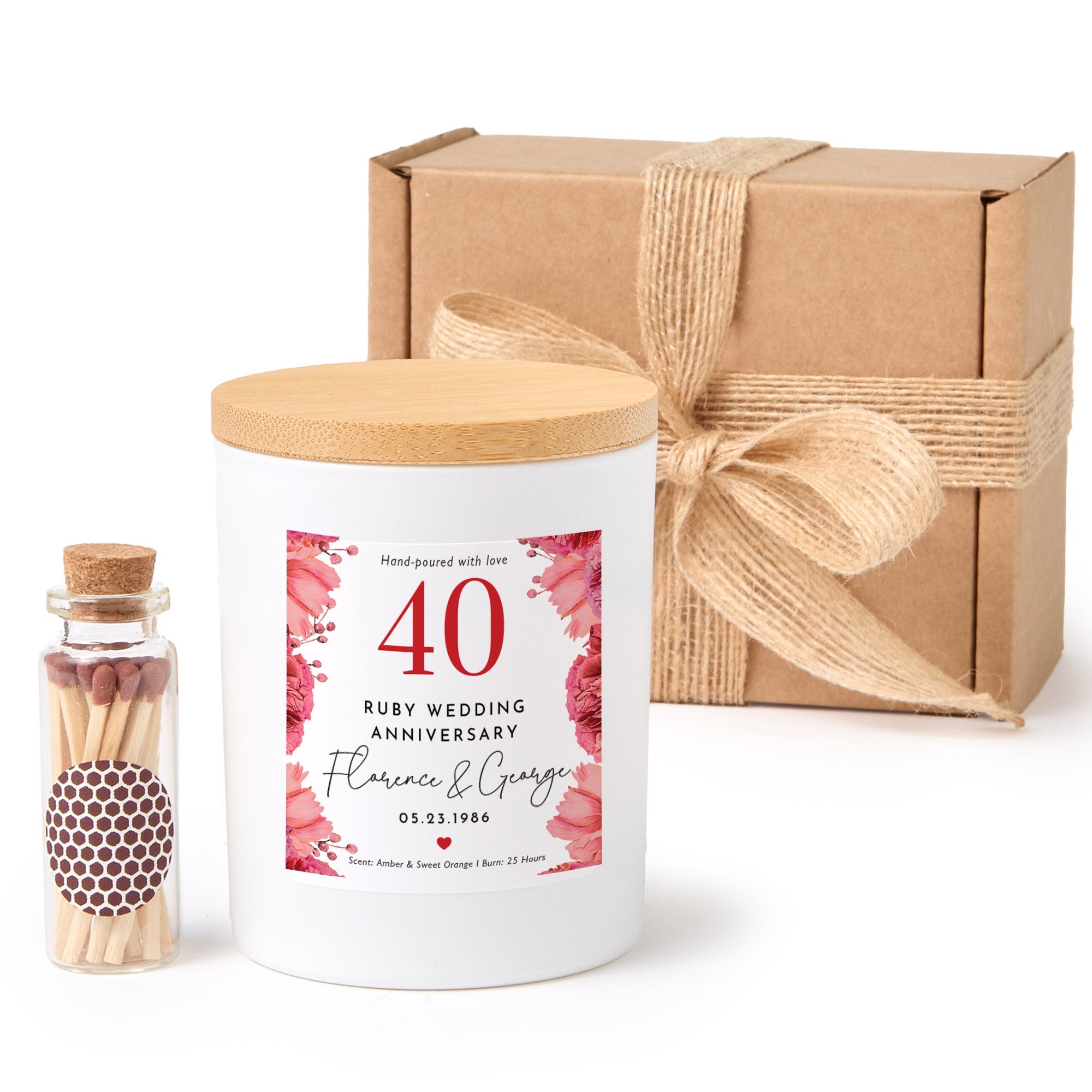 40th Ruby Wedding Anniversary Candle | Custom Couple Gift with Gift Box & Matches | Personalized Ruby Anniversary Keepsake Candle