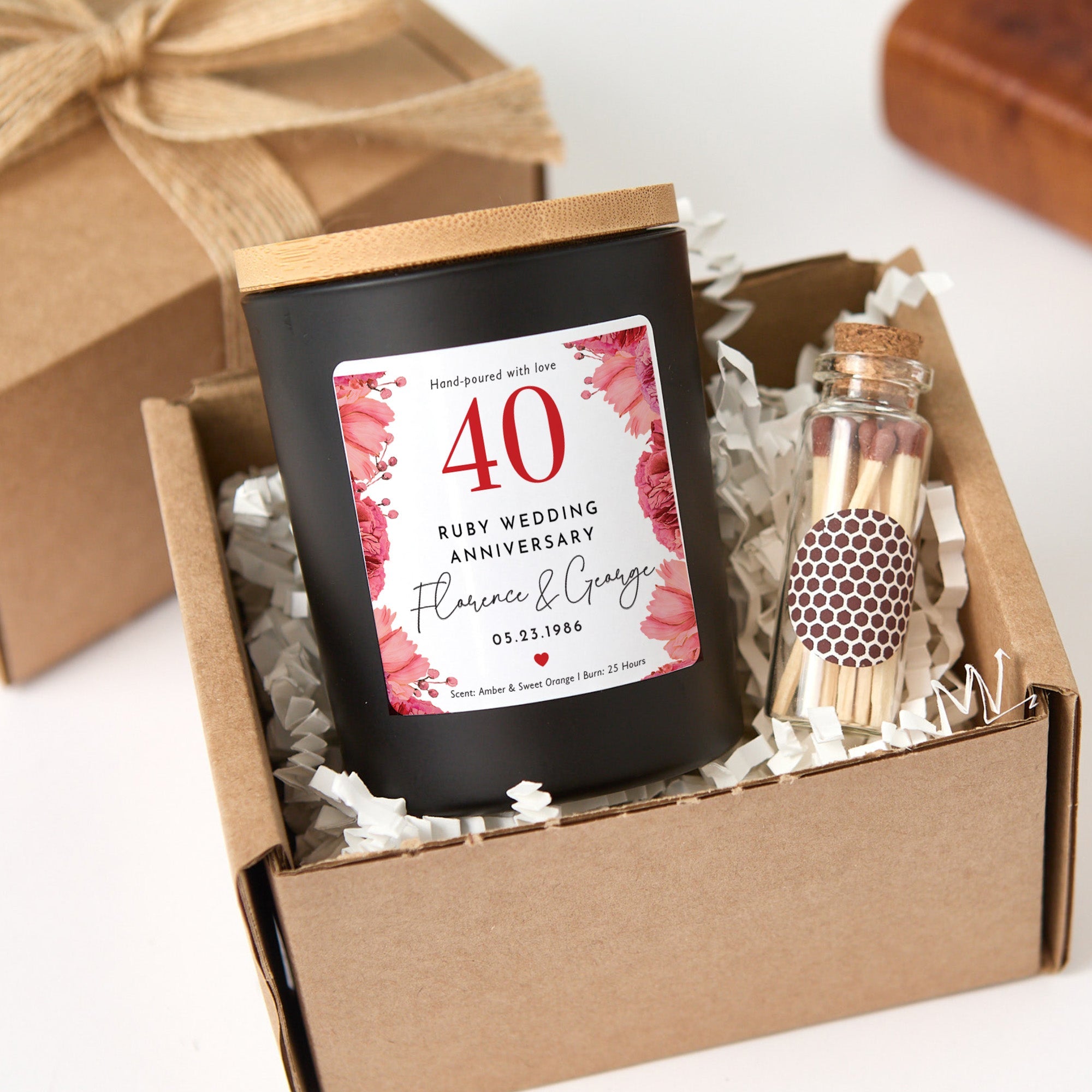 40th Ruby Wedding Anniversary Candle | Custom Couple Gift with Gift Box & Matches | Personalized Ruby Anniversary Keepsake Candle