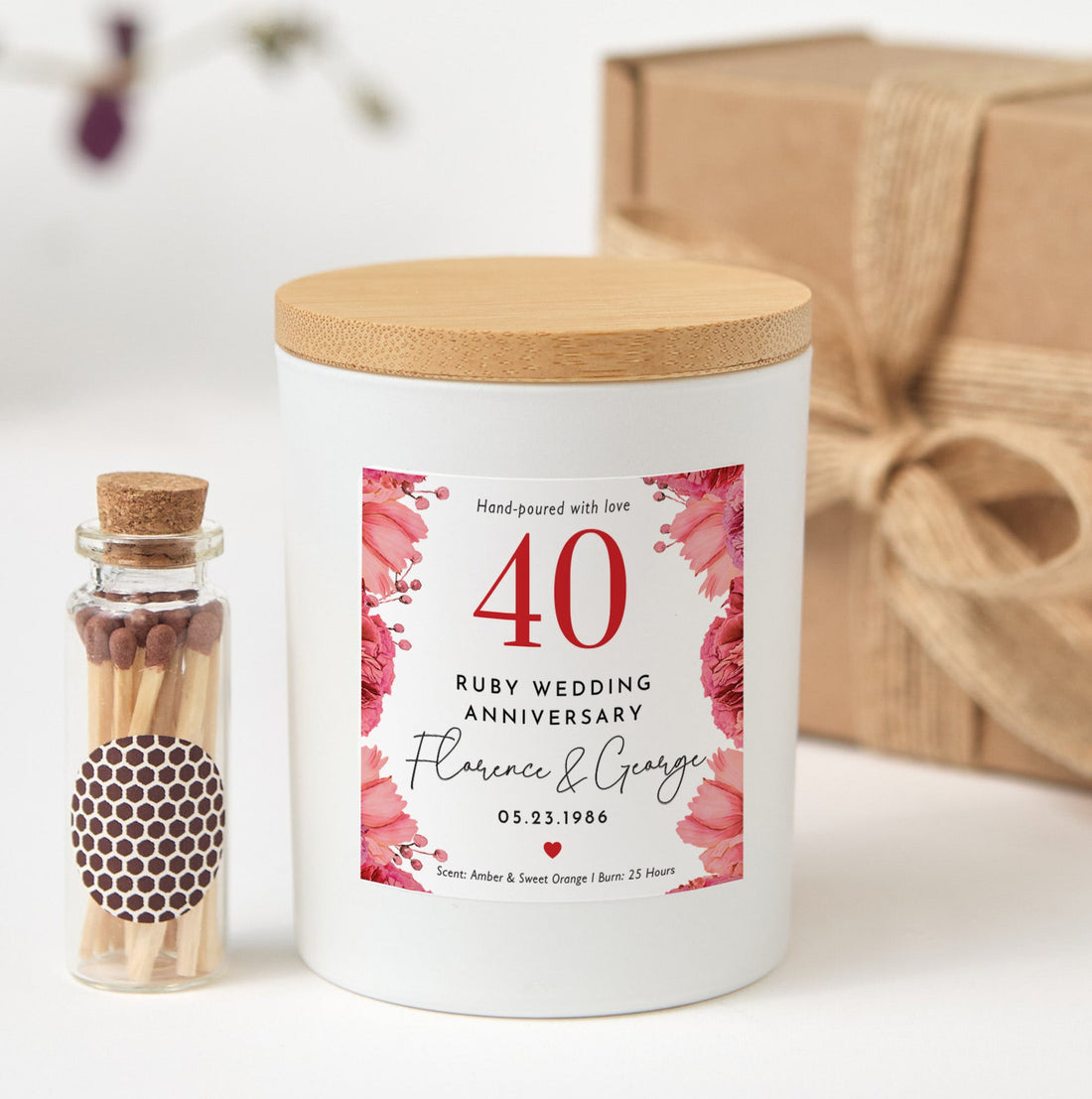 40th Ruby Wedding Anniversary Candle | Custom Couple Gift with Gift Box & Matches | Personalized Ruby Anniversary Keepsake Candle