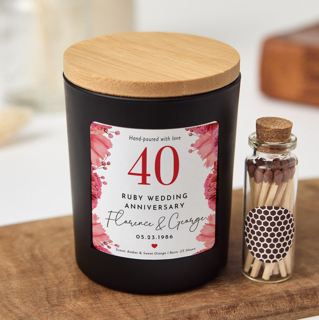 40th Ruby Wedding Anniversary Candle | Custom Couple Gift with Gift Box & Matches | Personalized Ruby Anniversary Keepsake Candle