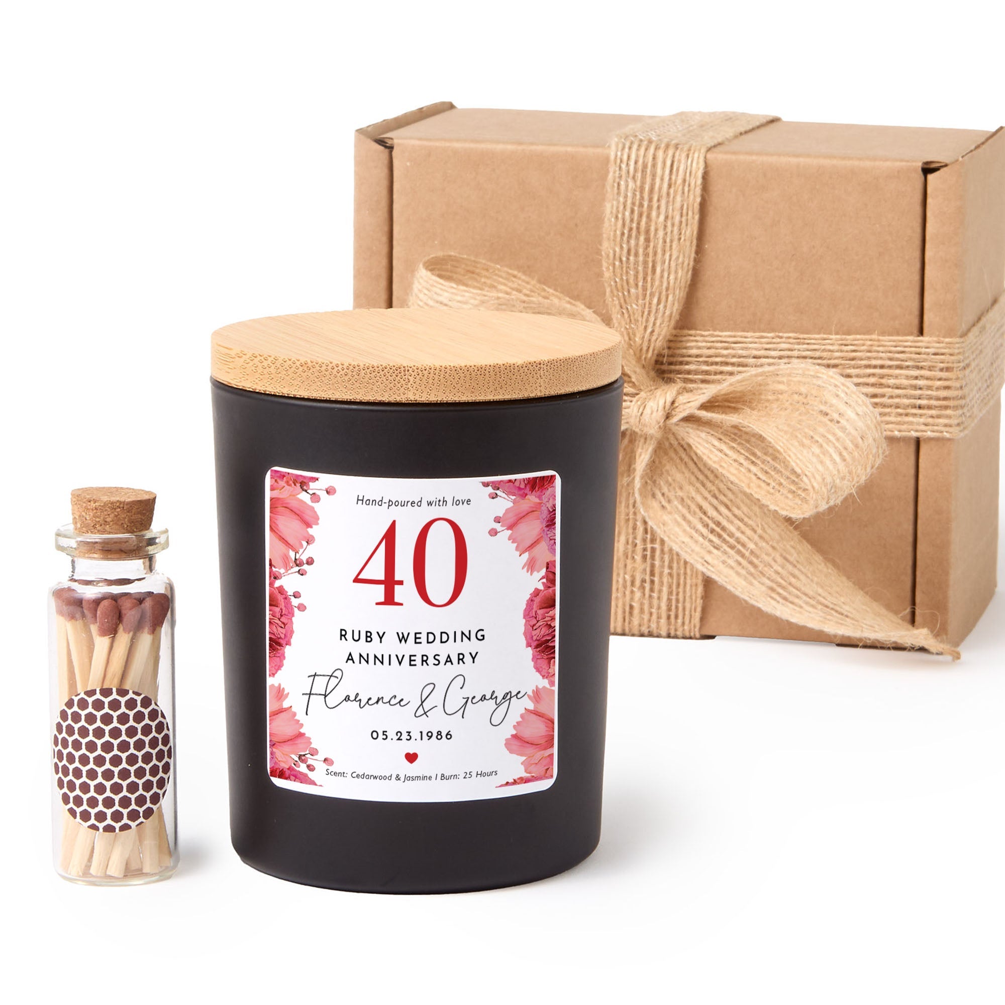 40th Ruby Wedding Anniversary Candle | Custom Couple Gift with Gift Box & Matches | Personalized Ruby Anniversary Keepsake Candle