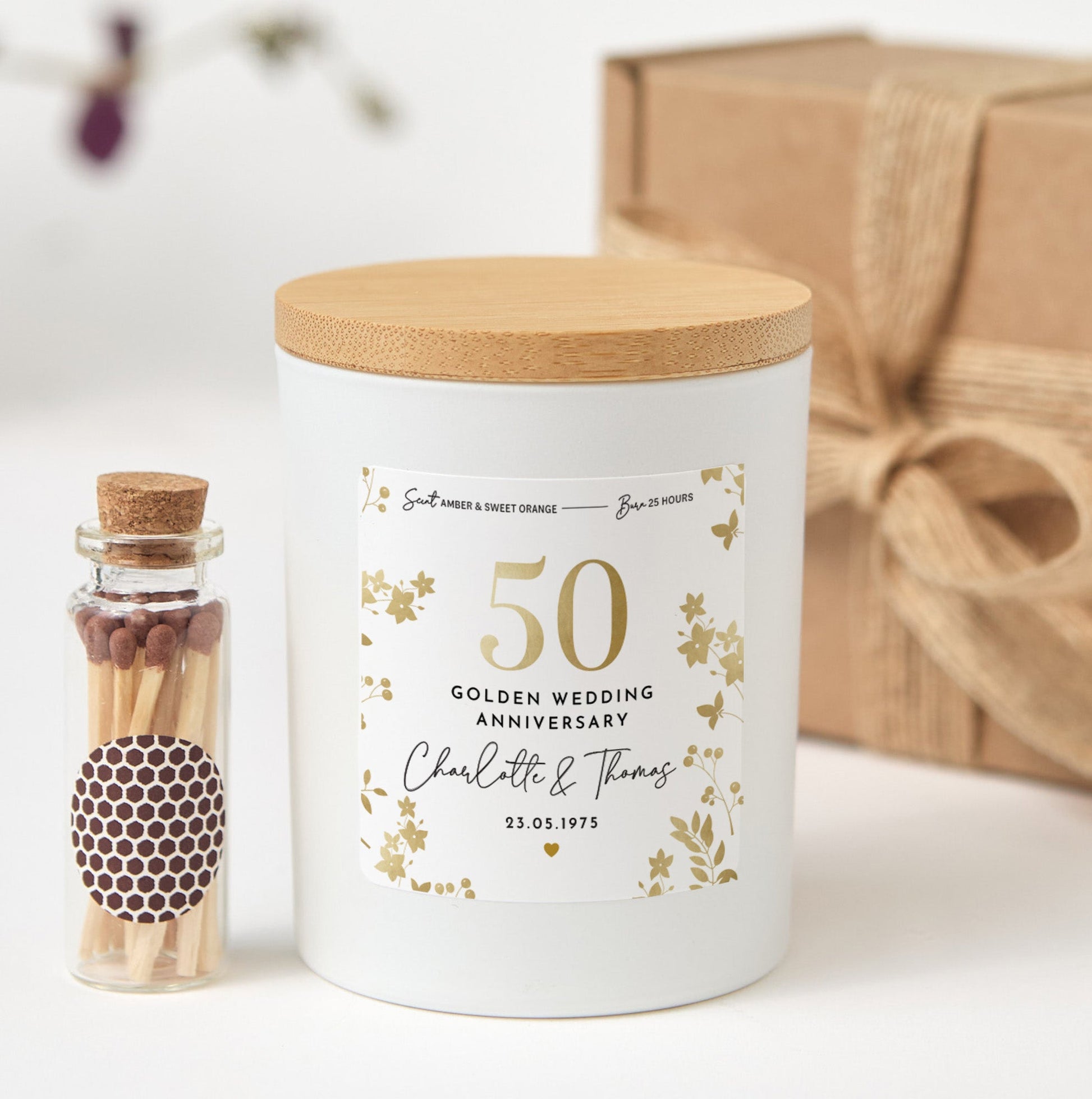 50th Golden Wedding Anniversary Candle | Custom Couple Gift with Gift Box | Personalized Gold Anniversary Keepsake Candle