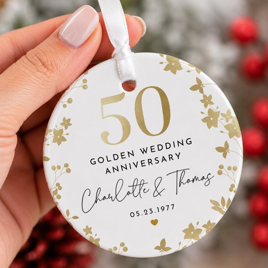 50th Golden Wedding Anniversary Ornament for Couples, Gold Floral Keepsake Gift with Custom Names and Date