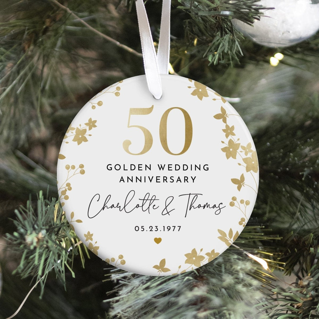 50th Golden Wedding Anniversary Ornament for Couples, Gold Floral Keepsake Gift with Custom Names and Date