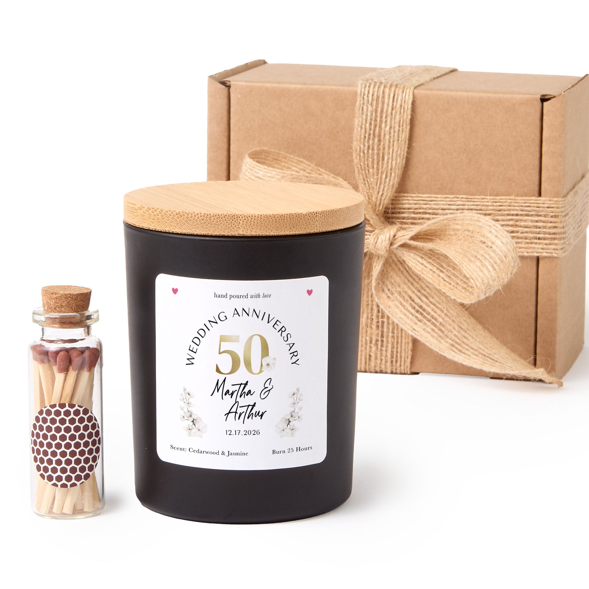 50th Wedding Anniversary Candle | Golden Anniversary Gift for Couple | Personalized Candle with Matches | Custom Keepsake Gift Box