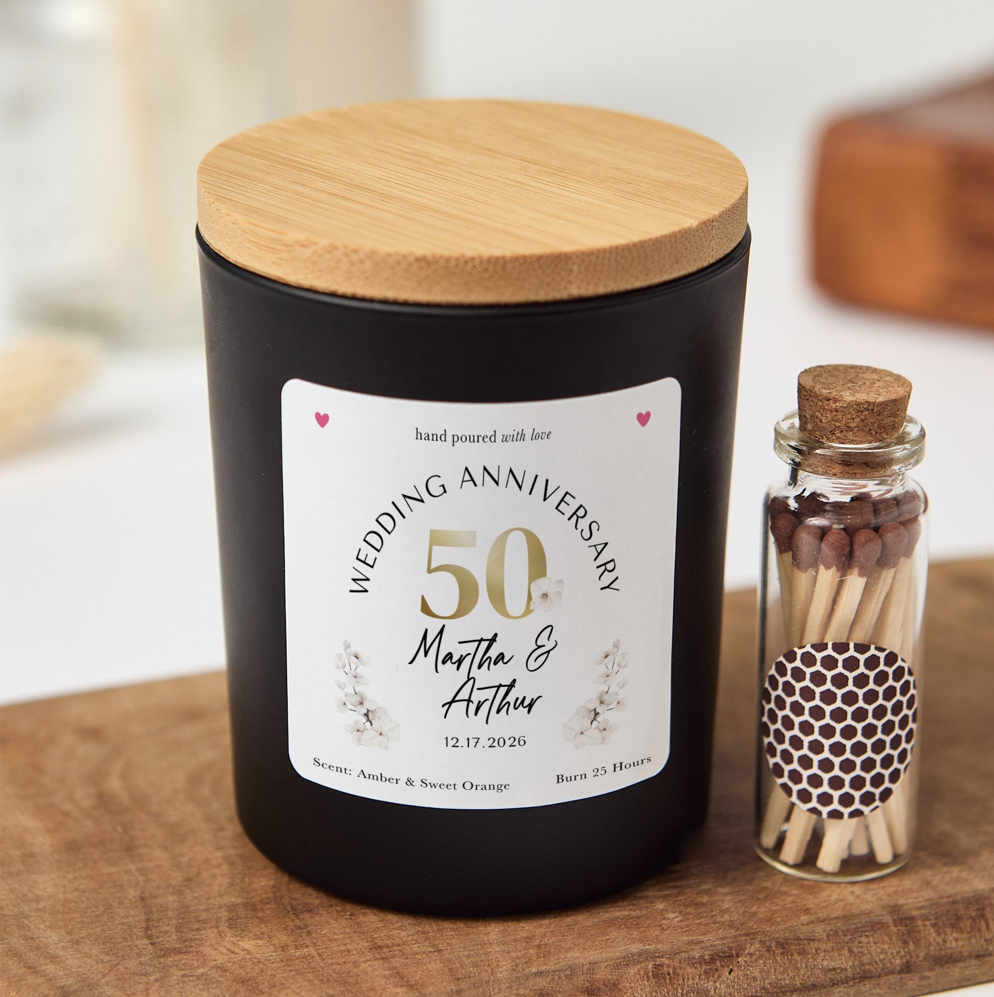 50th Wedding Anniversary Candle | Golden Anniversary Gift for Couple | Personalized Candle with Matches | Custom Keepsake Gift Box