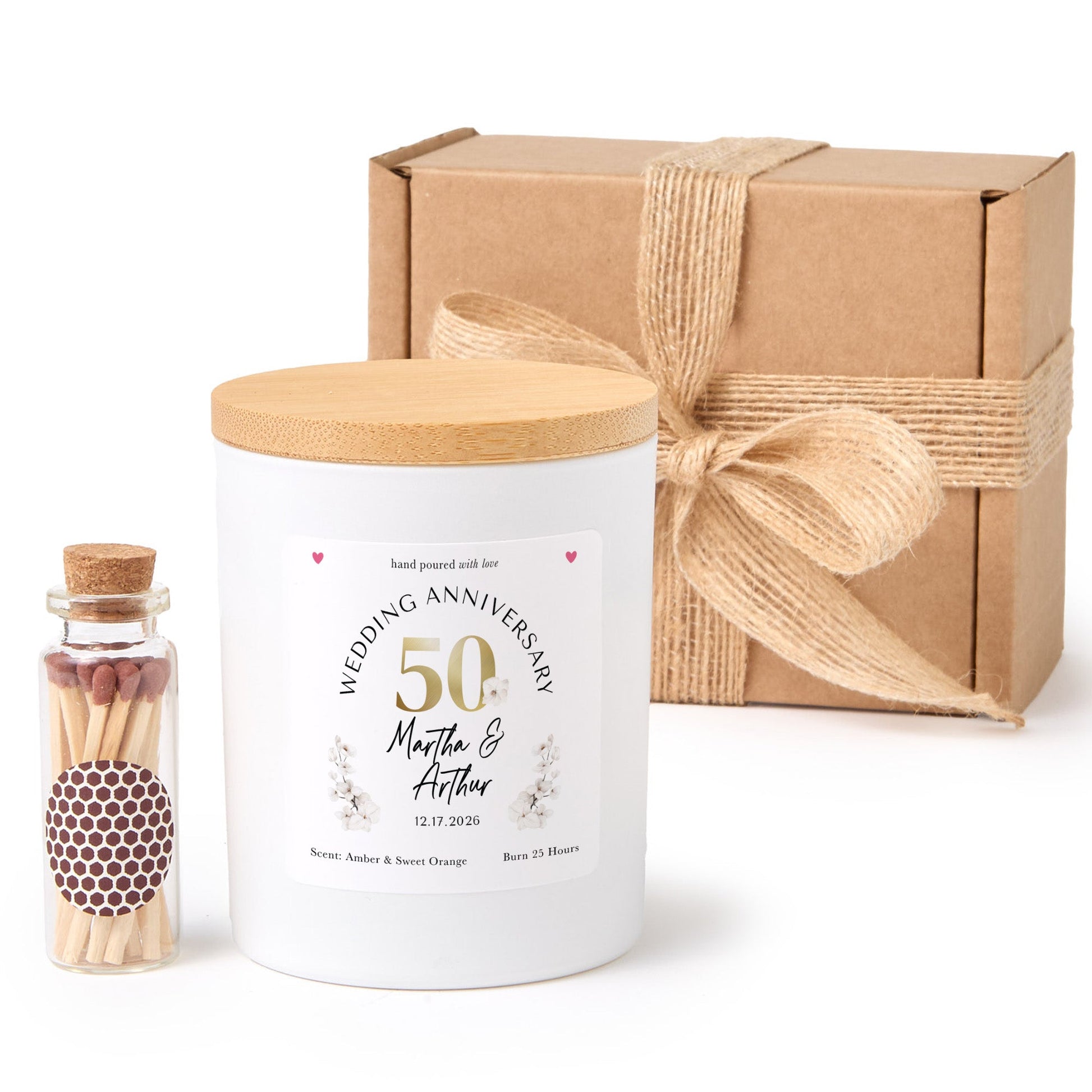 50th Wedding Anniversary Candle | Golden Anniversary Gift for Couple | Personalized Candle with Matches | Custom Keepsake Gift Box