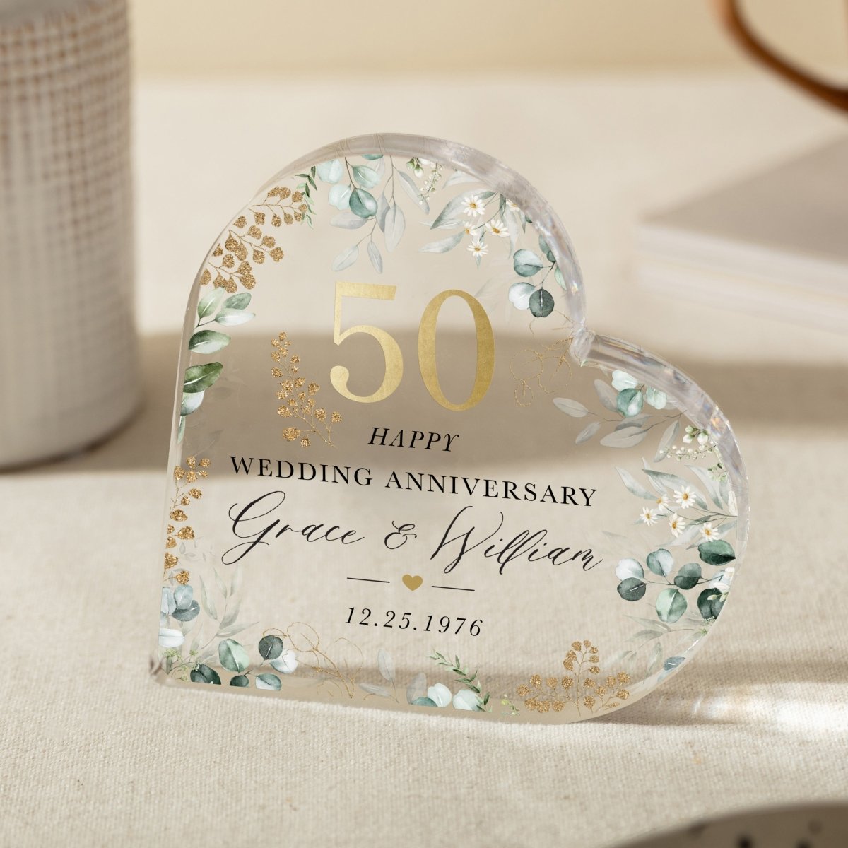 50th Wedding Anniversary Keepsake Gift, Personalized Floral Heart with Names and Date, Acrylic Plaque