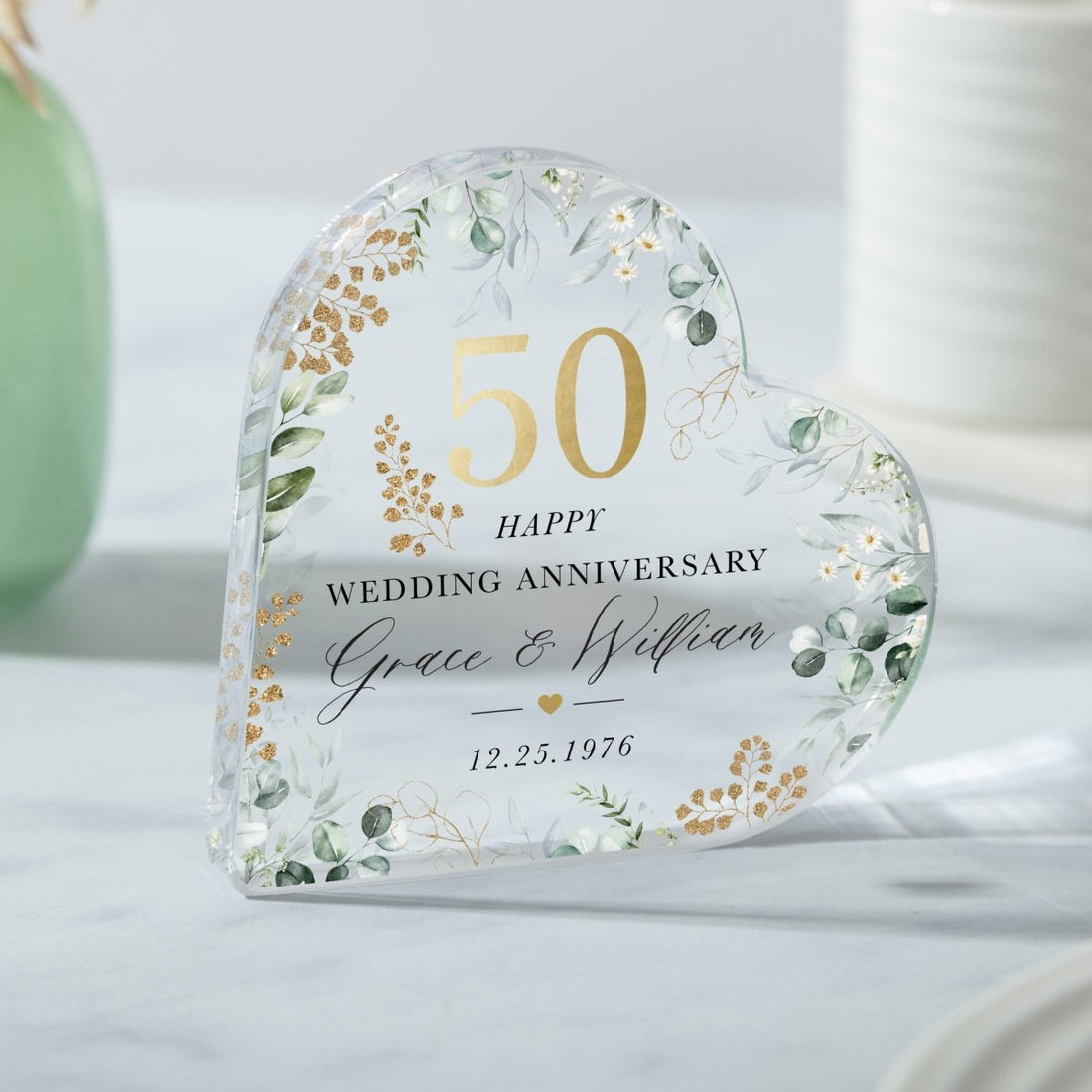 50th Wedding Anniversary Keepsake Gift, Personalized Floral Heart with Names and Date, Acrylic Plaque