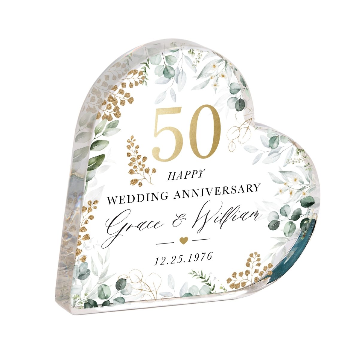 50th Wedding Anniversary Keepsake Gift, Personalized Floral Heart with Names and Date, Acrylic Plaque