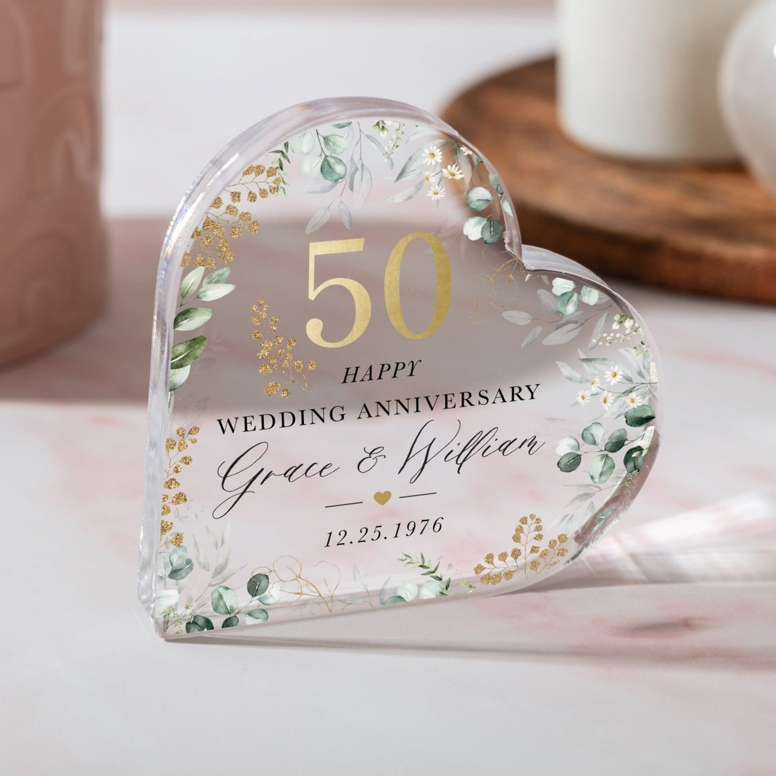 50th Wedding Anniversary Keepsake Gift, Personalized Floral Heart with Names and Date, Acrylic Plaque