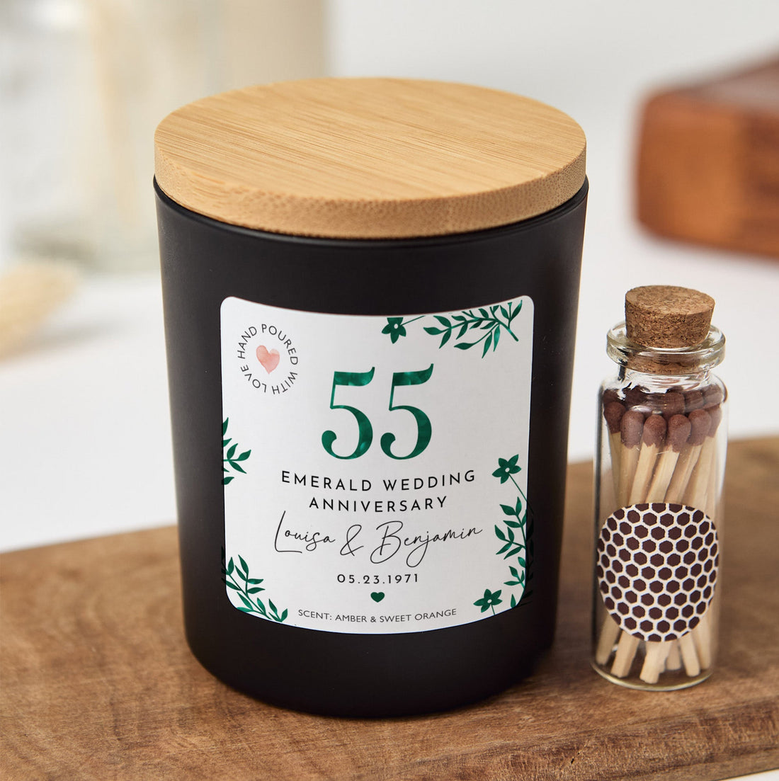 55th Emerald Wedding Anniversary Candle | Personalized Custom Couple Gift with Gift Box & Matches | Anniversary Keepsake Candle