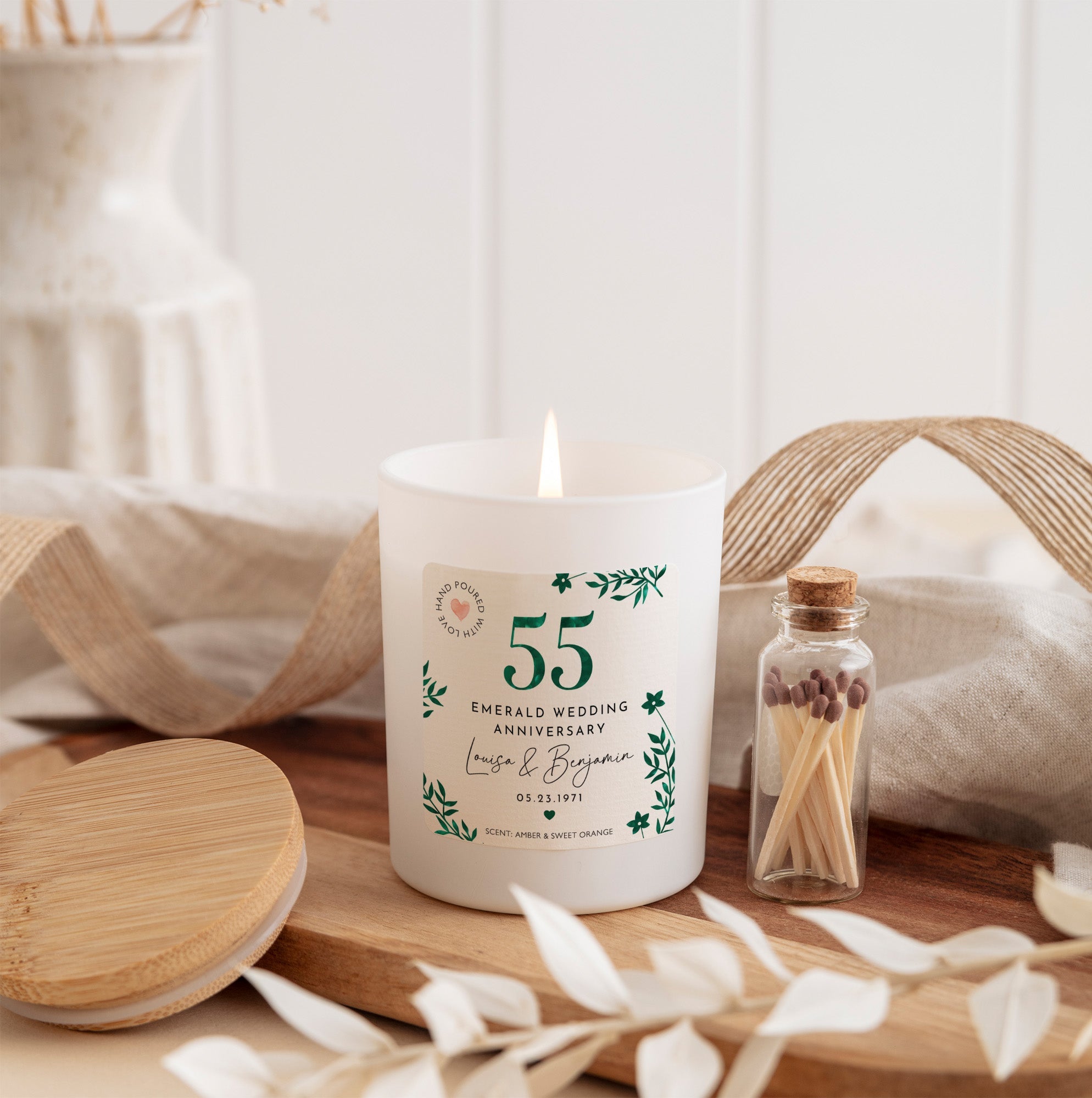 55th Emerald Wedding Anniversary Candle | Personalized Custom Couple Gift with Gift Box & Matches | Anniversary Keepsake Candle