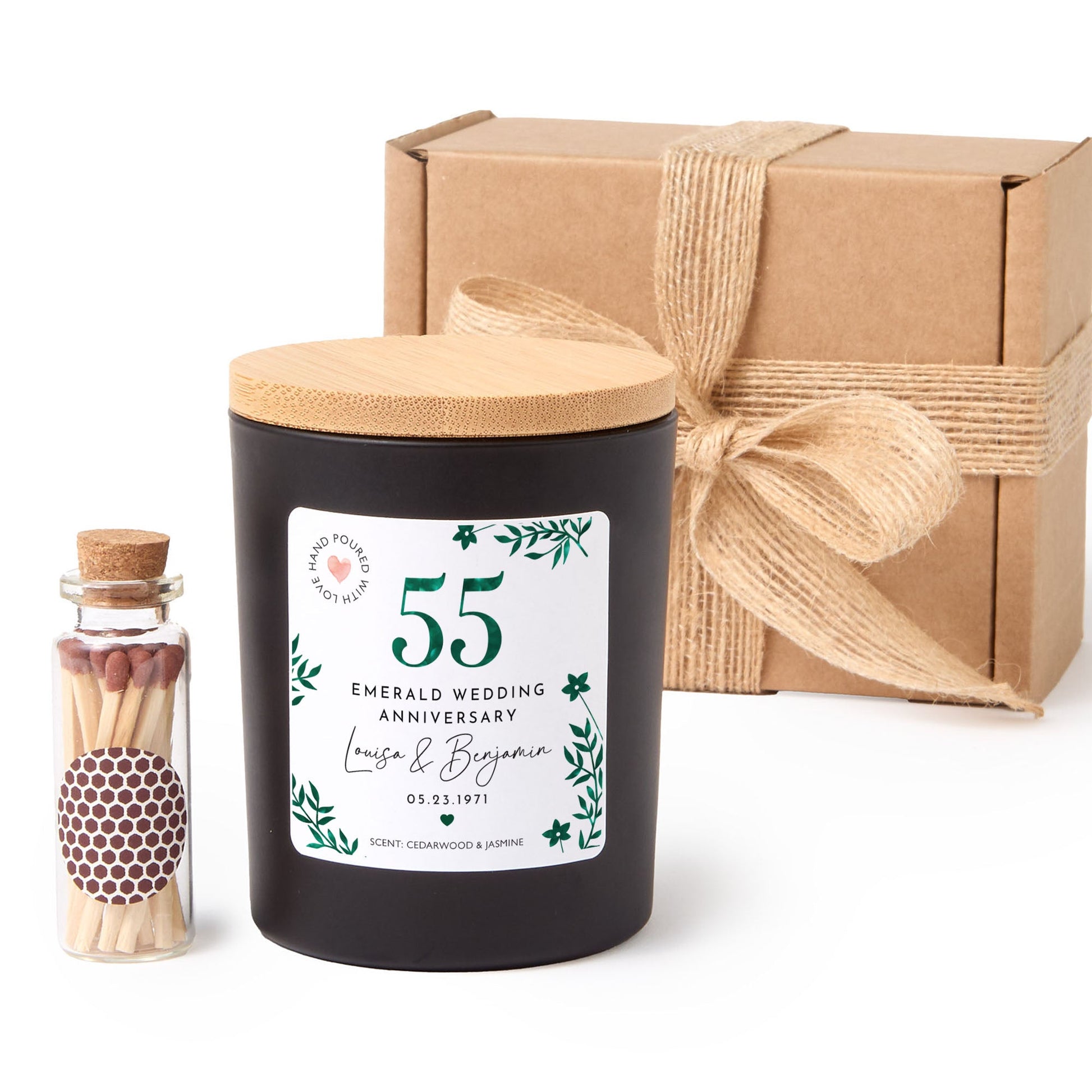 55th Emerald Wedding Anniversary Candle | Personalized Custom Couple Gift with Gift Box & Matches | Anniversary Keepsake Candle